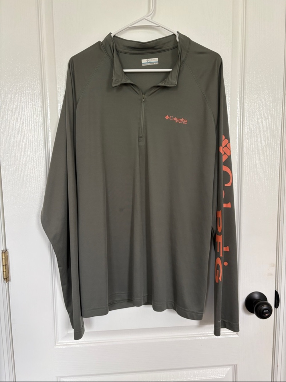 Columbia PFG Olive Long-Sleeve Half-Zip Shirt with Coral Logos